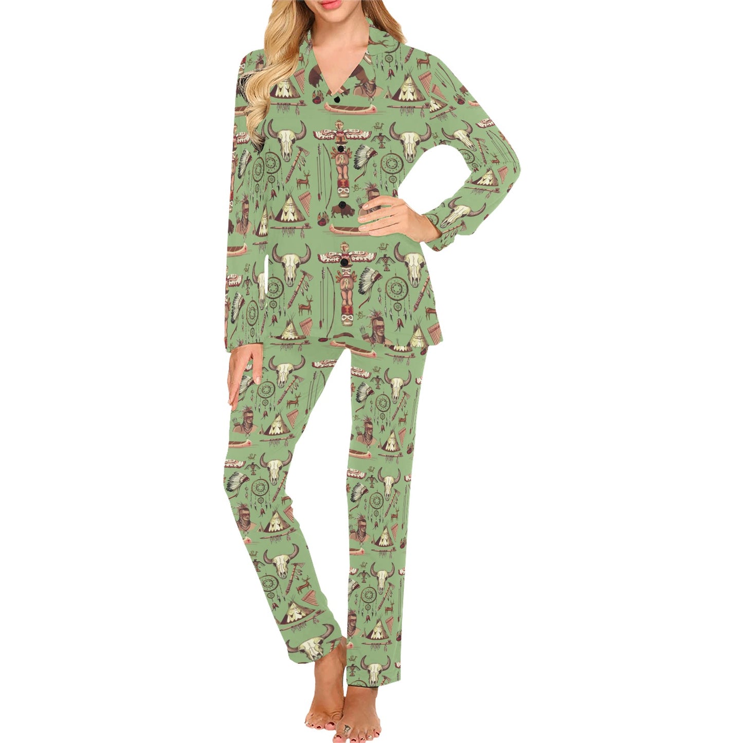 Native Indian Themed Design Print Women's Long Pajama Set