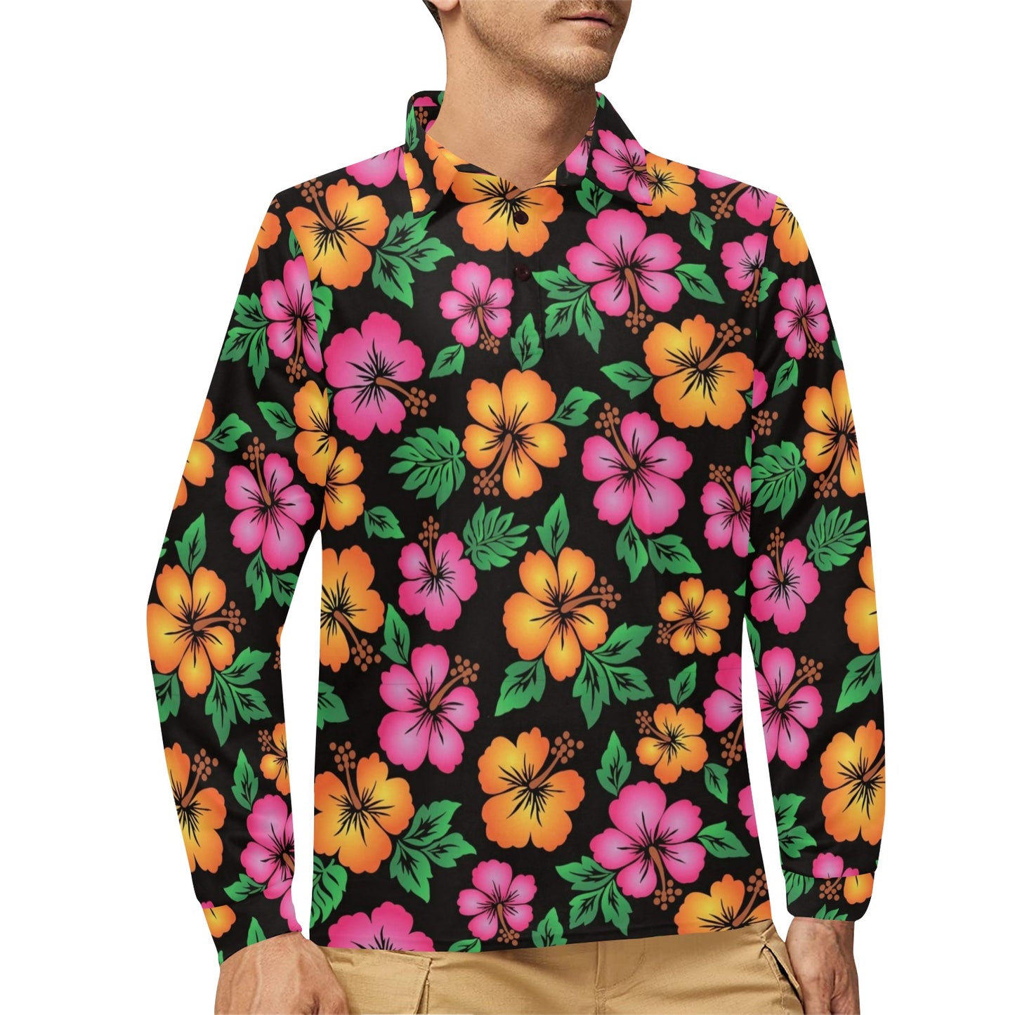 Hibiscus Pattern Print Design HB029 Long Sleeve Polo Shirt For Men's