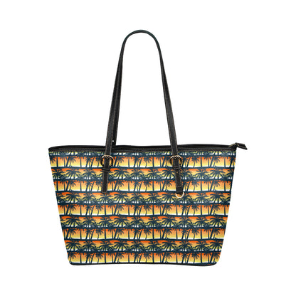 Palm Tree Sunset Design Print Leather Tote Bag