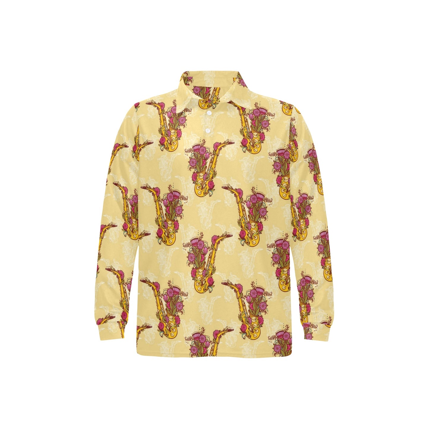 Saxophone Pattern Print Design 04 Long Sleeve Polo Shirt For Men's