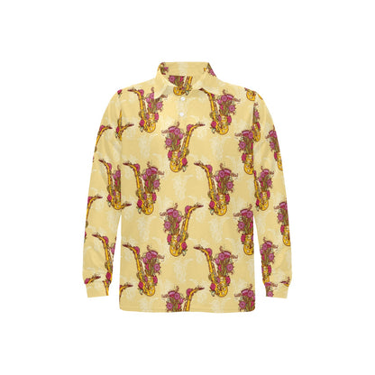 Saxophone Pattern Print Design 04 Long Sleeve Polo Shirt For Men's