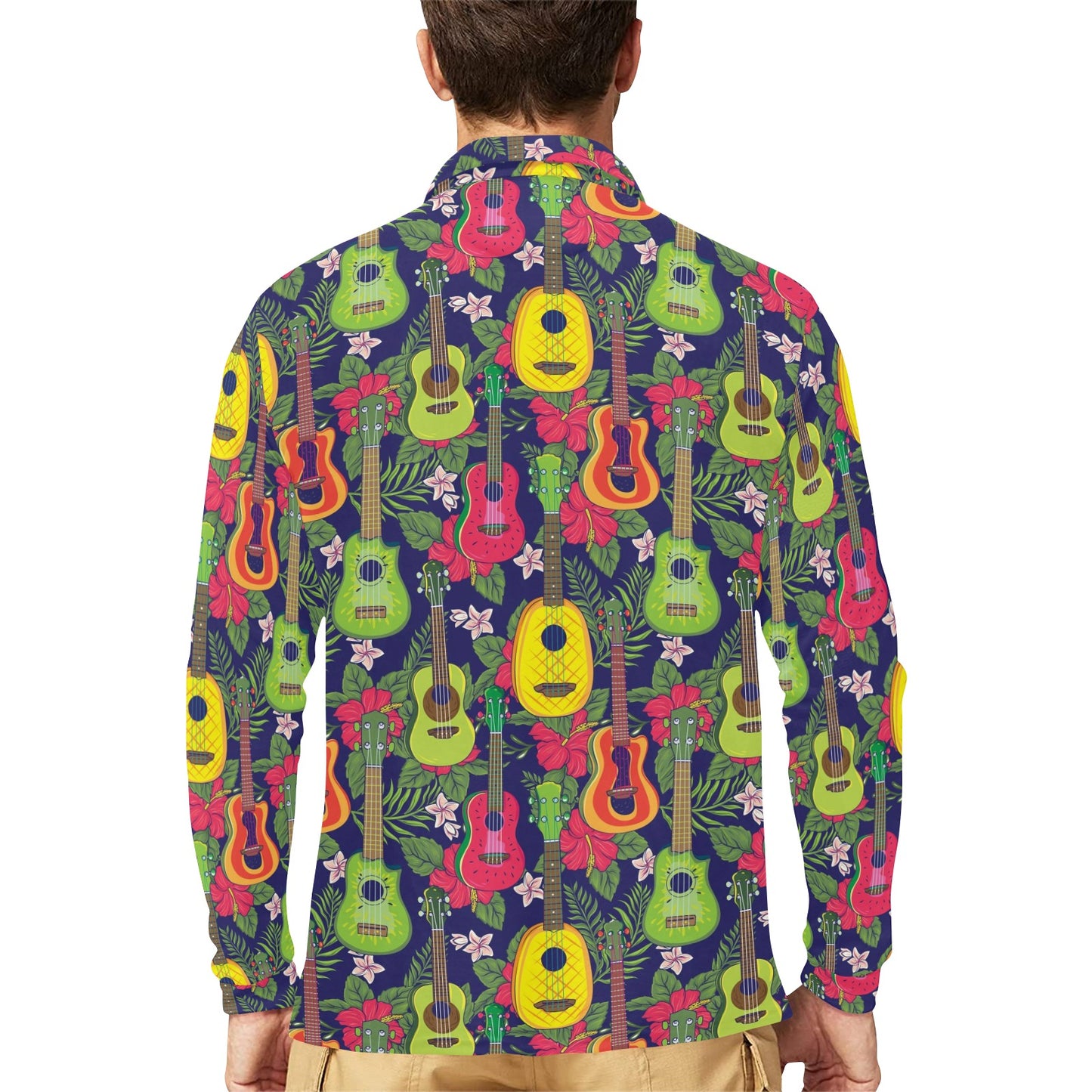 Ukulele Tropical Pattern Print Design 03 Long Sleeve Polo Shirt For Men's