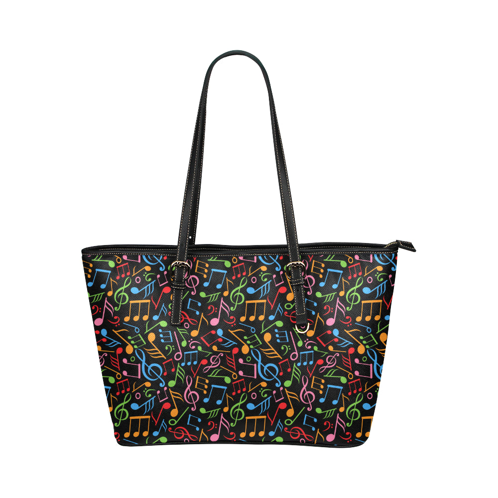 Music Note Colorful Themed Print Leather Tote Bag