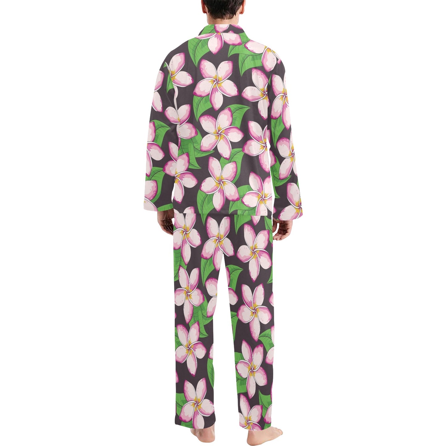 Pink Plumeria Pattern Print Design PM019 Men's Long Pajama Set