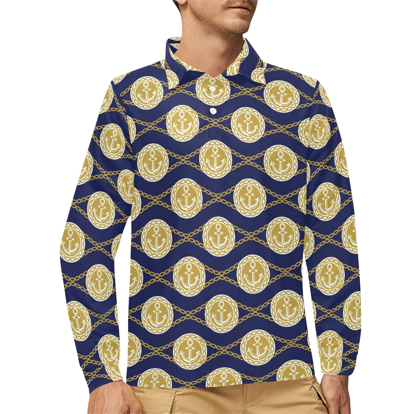 Anchor Luxury Pattern Long Sleeve Polo Shirt For Men's