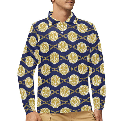 Anchor Luxury Pattern Long Sleeve Polo Shirt For Men's