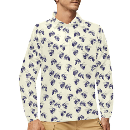 Bee Pattern Print Design 02 Long Sleeve Polo Shirt For Men's