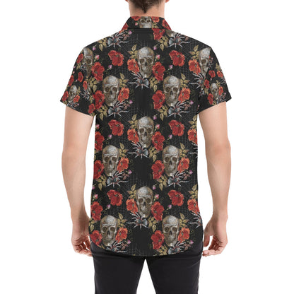 Spider Web Skull Rose Print Design LKS305 Men Short Sleeve Button Up Shirt
