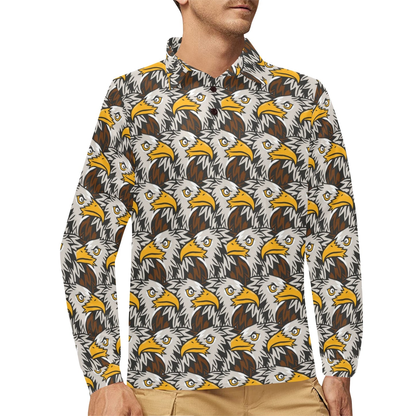 Eagles Head Pattern Long Sleeve Polo Shirt For Men's