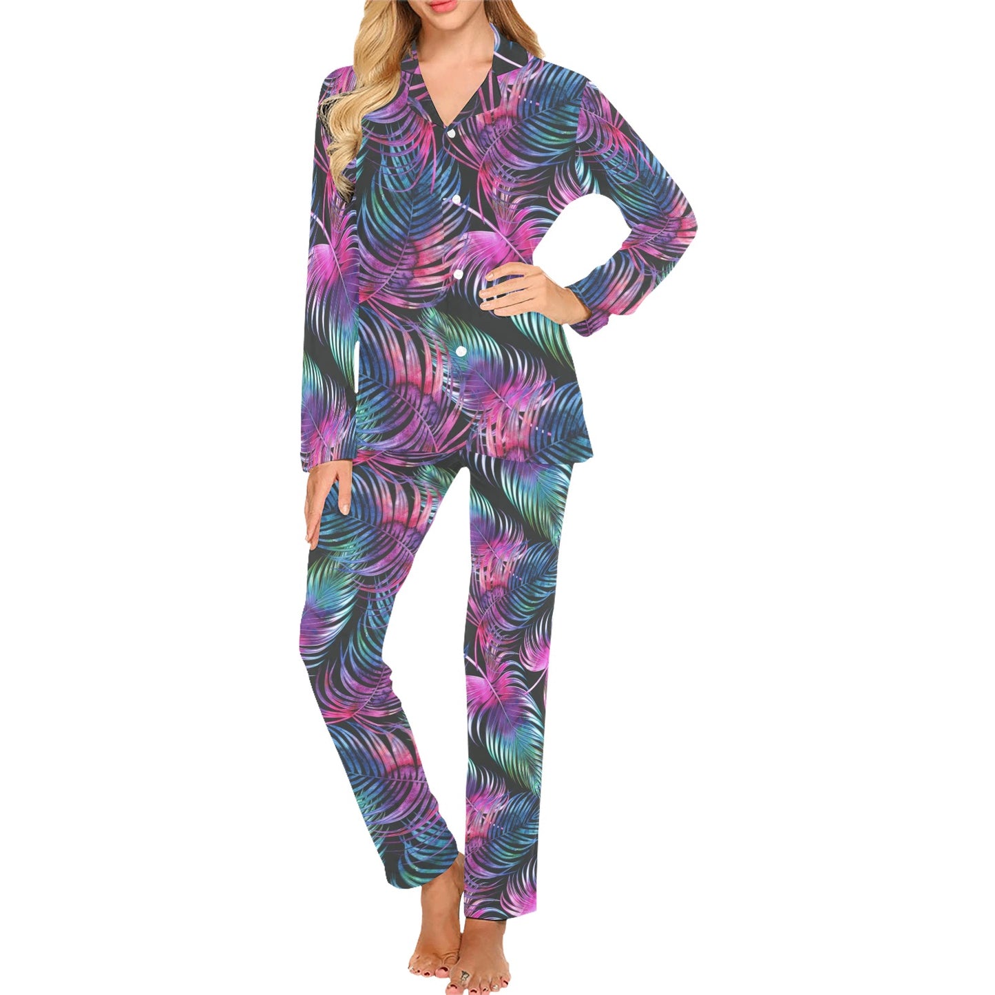 Palm Leaves Pattern Print Design PL010 Women's Long Pajama Set