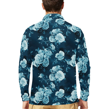 Rose Blue Pattern Print Design RO014 Long Sleeve Polo Shirt For Men's