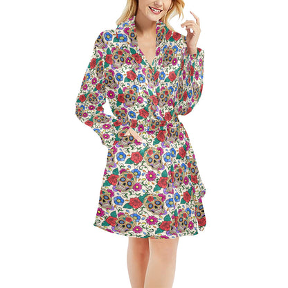 Sugar Skull Colorful Themed Print Women's Fleece Robe