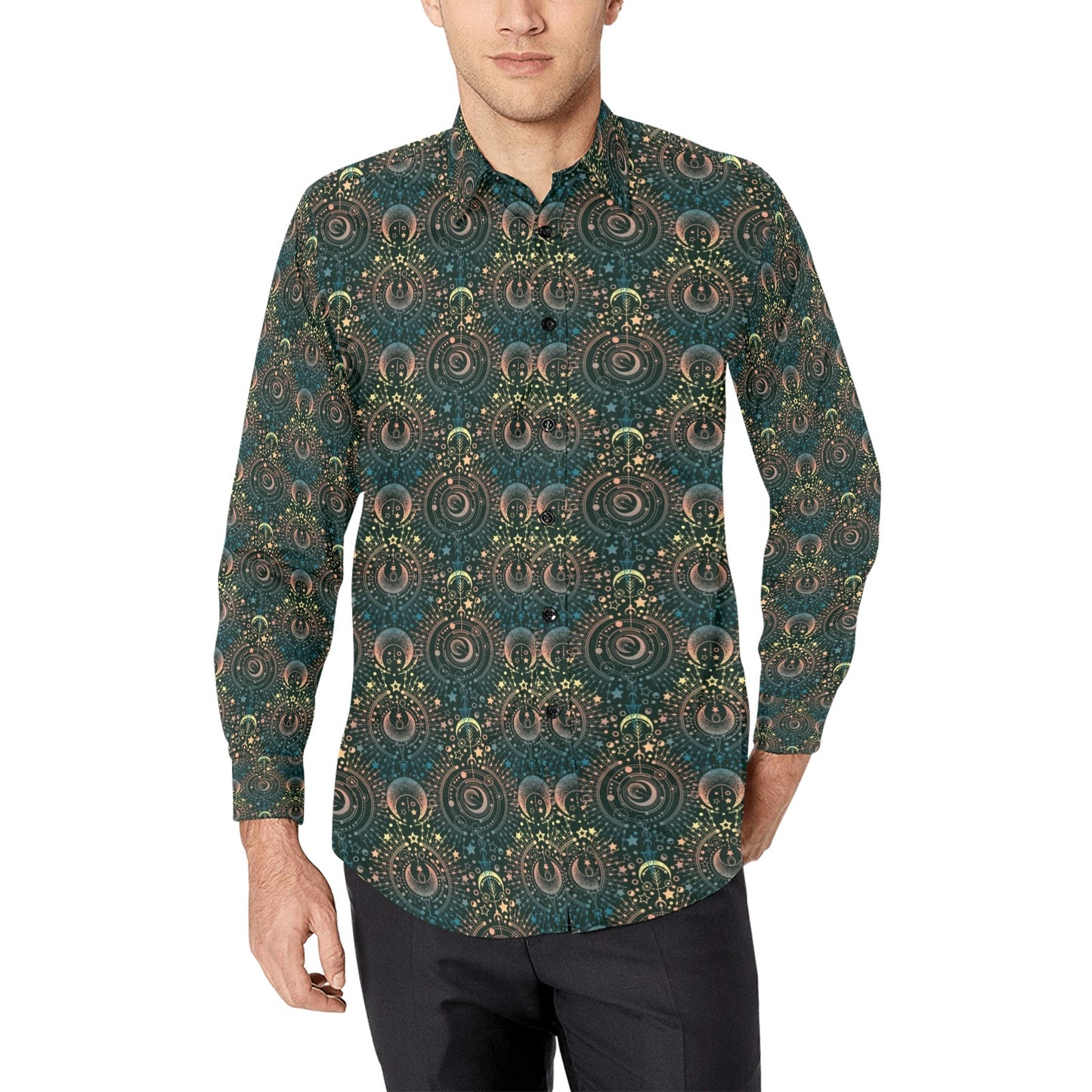 Sun Moon Print Design LKS307 Men's Long Sleeve Dress Shirt