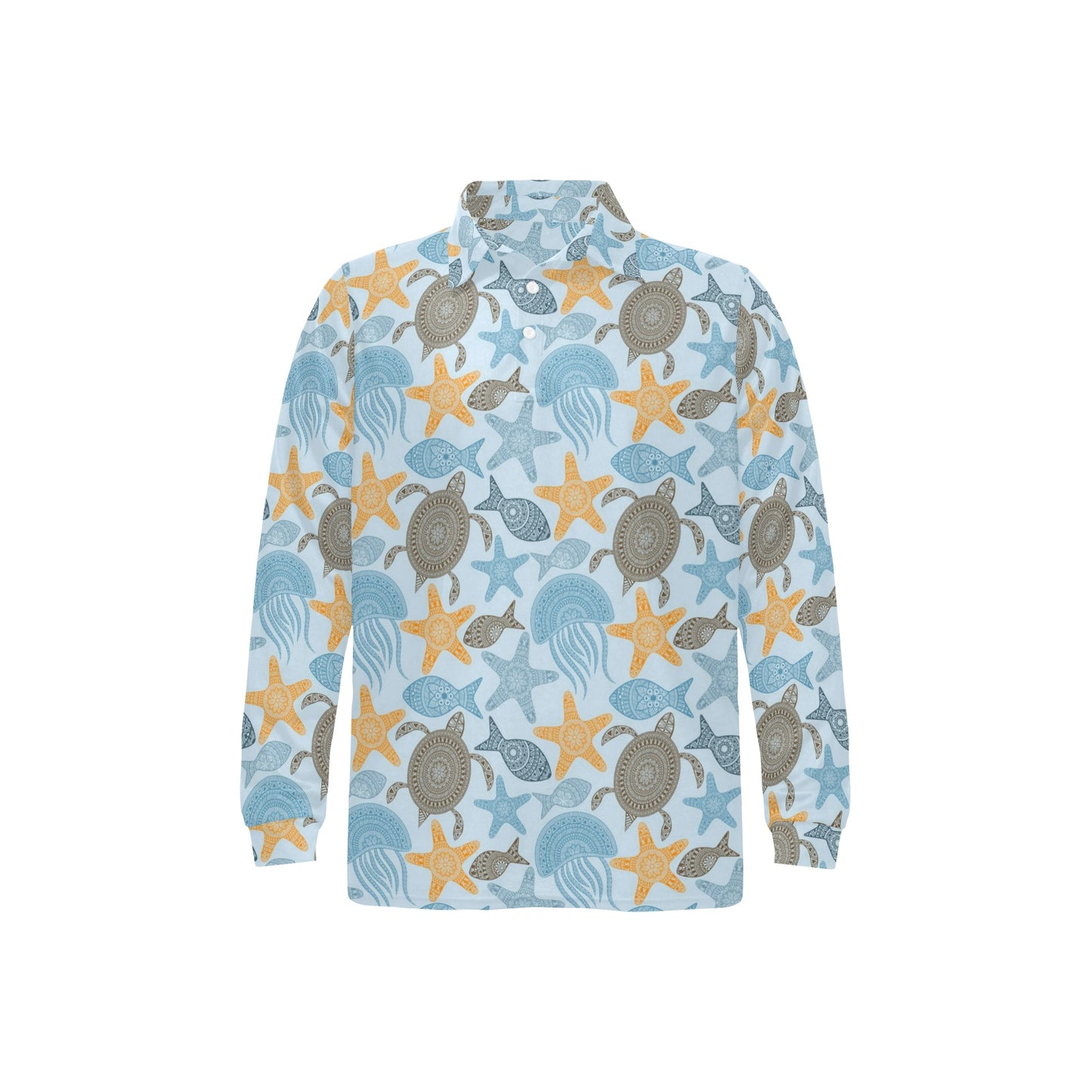 Polynesian Jellyfish Turtle Print Long Sleeve Polo Shirt For Men's