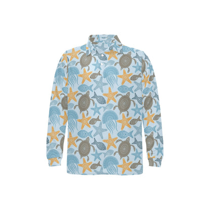 Polynesian Jellyfish Turtle Print Long Sleeve Polo Shirt For Men's
