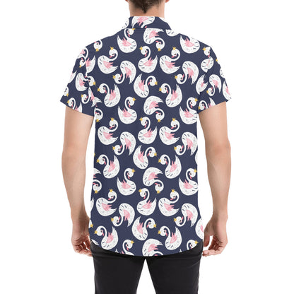 Swan Print Design LKS403 Men Short Sleeve Button Up Shirt