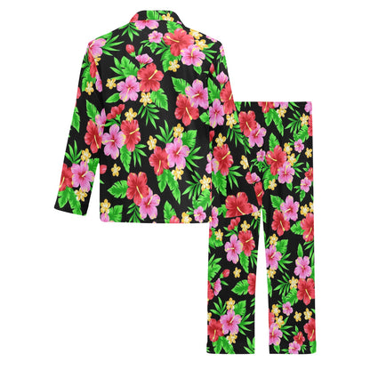 Pink Red Hibiscus Pattern Print Design HB023 Men's Long Pajama Set