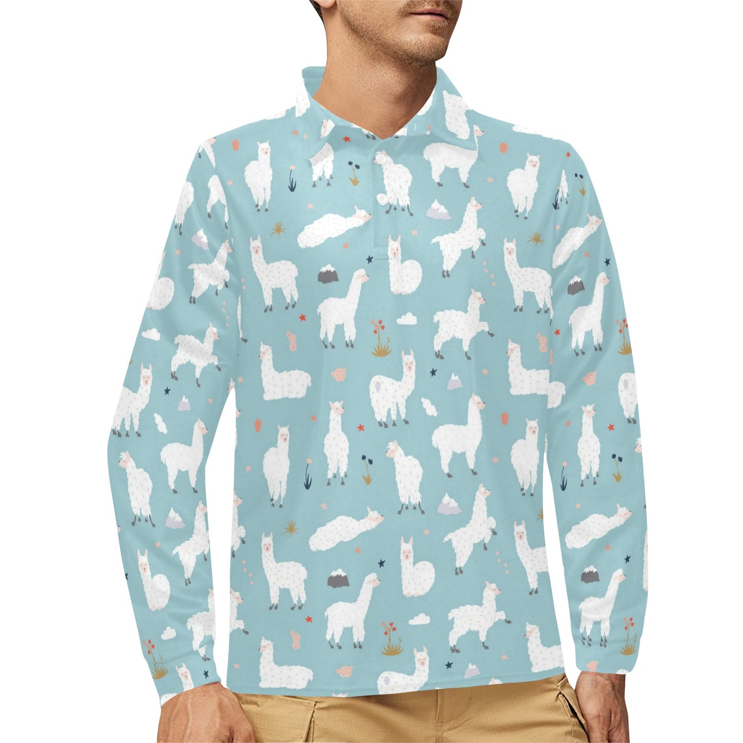 Alpaca Pattern Print Design 02 Long Sleeve Polo Shirt For Men's
