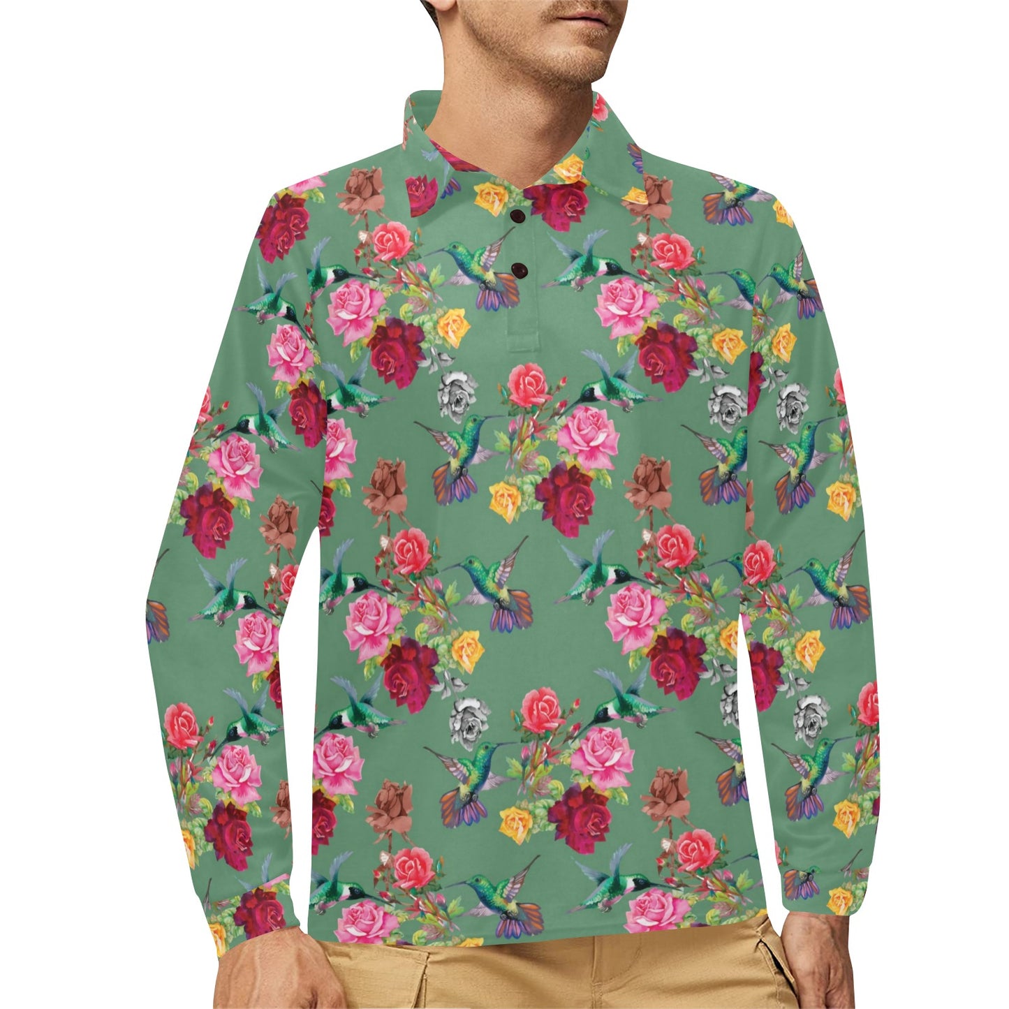 Hummingbird with Rose Themed Print Long Sleeve Polo Shirt For Men's