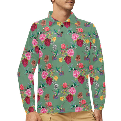 Hummingbird with Rose Themed Print Long Sleeve Polo Shirt For Men's
