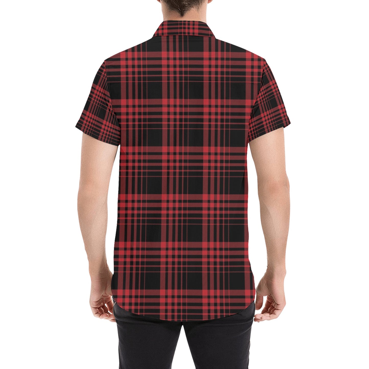 Tartan Red Black Print Design LKS303 Men Short Sleeve Button Up Shirt