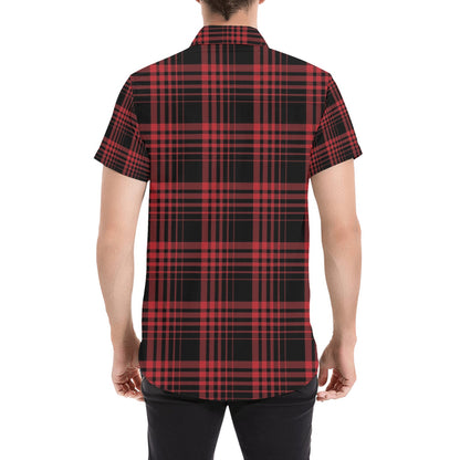 Tartan Red Black Print Design LKS303 Men Short Sleeve Button Up Shirt