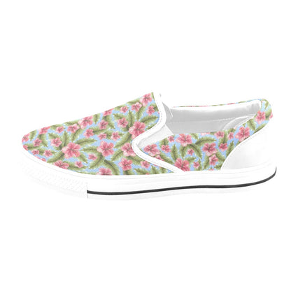 Tropical Flower Print Design LKS301 White Slip Ons Canvas Women's Shoes