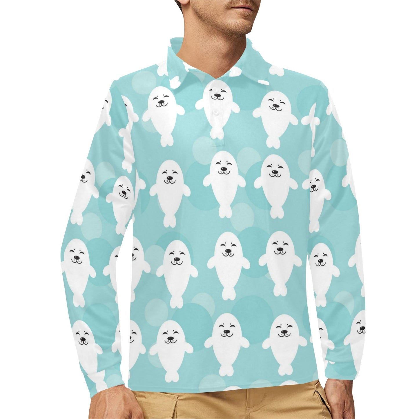 Sea Lion Baby Pattern Print Design 01 Long Sleeve Polo Shirt For Men's