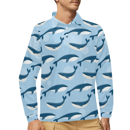 Blue Whale Pattern Print Design 02 Long Sleeve Polo Shirt For Men's