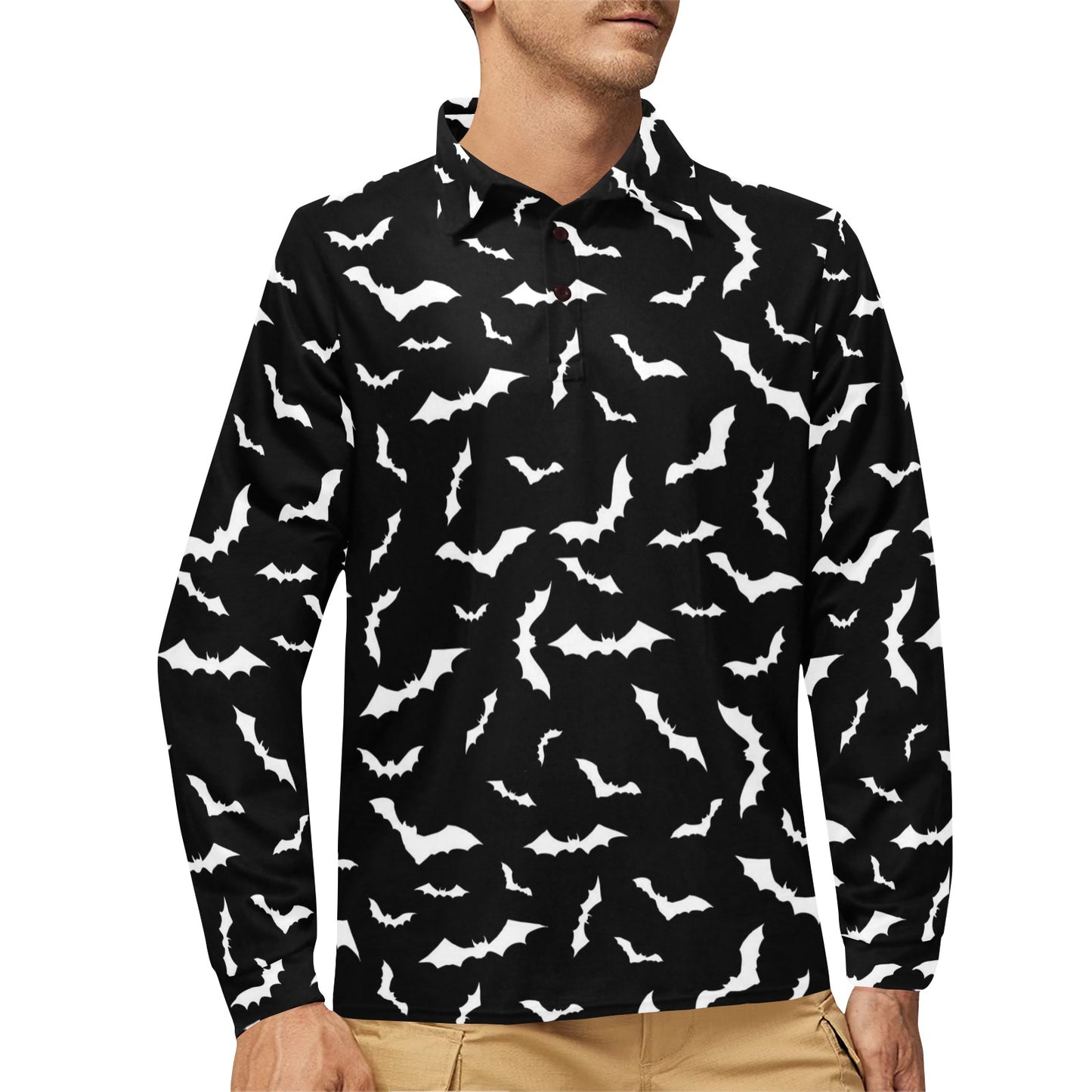 Bat Pattern Print Design 05 Long Sleeve Polo Shirt For Men's