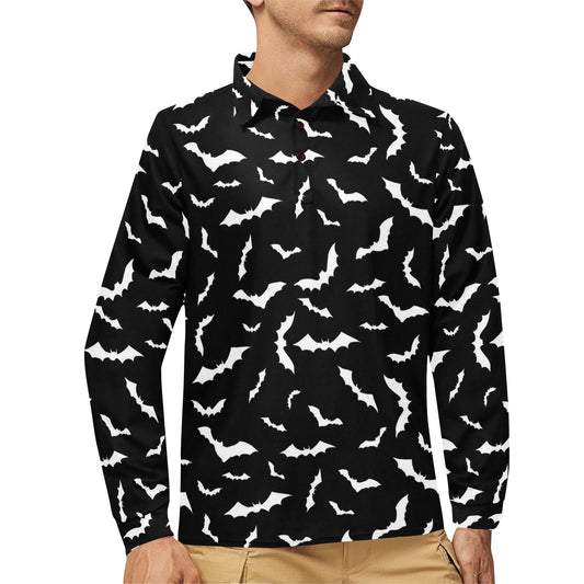 Bat Pattern Print Design 05 Long Sleeve Polo Shirt For Men's