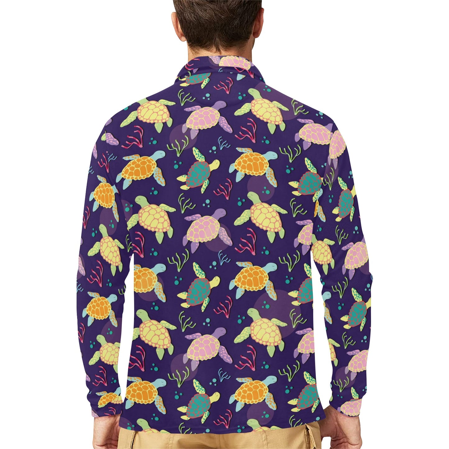 Sea Turtle Color Smile Long Sleeve Polo Shirt For Men's