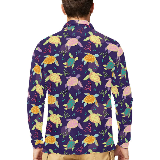 Sea Turtle Color Smile Long Sleeve Polo Shirt For Men's