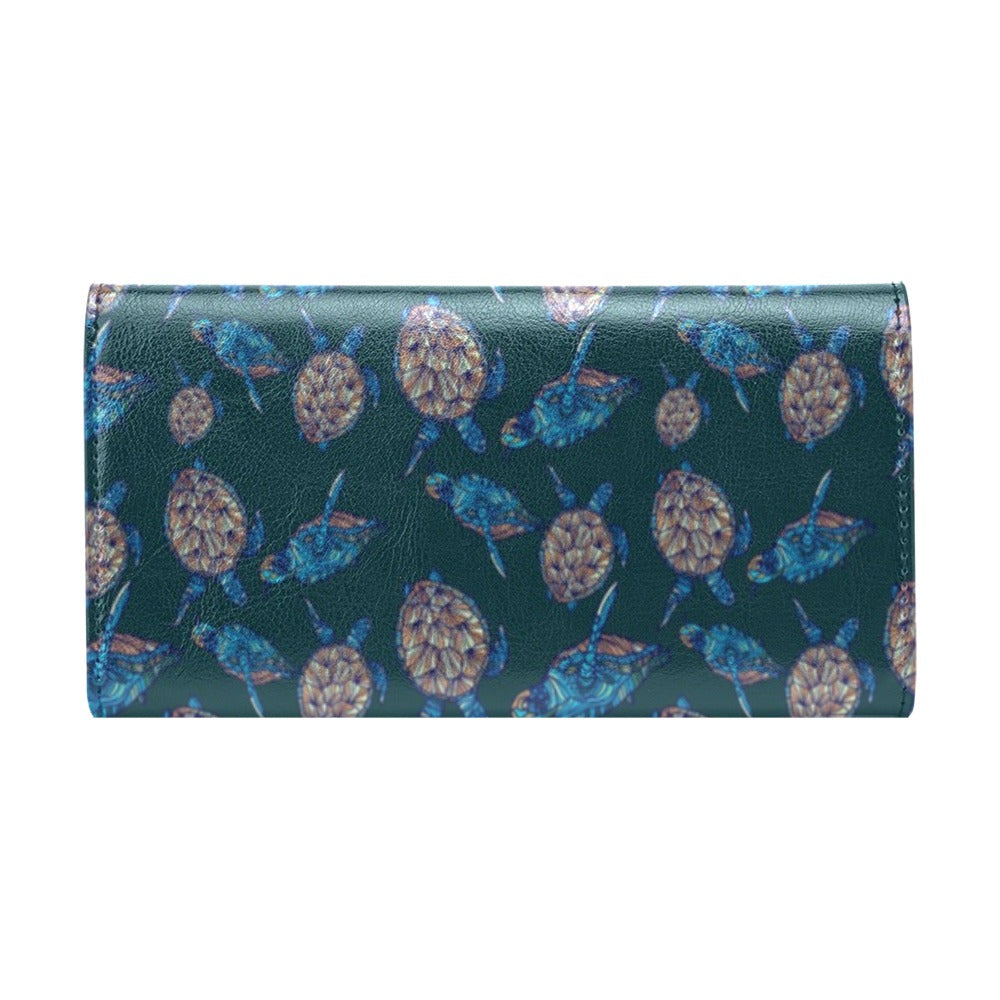 Sea Turtle Hand Drawn Blue Print Women's Trifold Wallet
