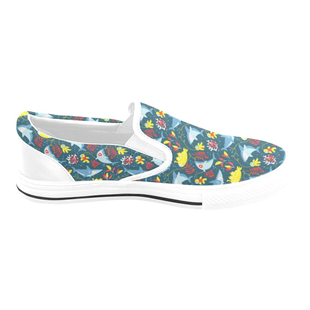 Scuba With Sharks Print Design LKS303 White Slip Ons Canvas Women's Shoes