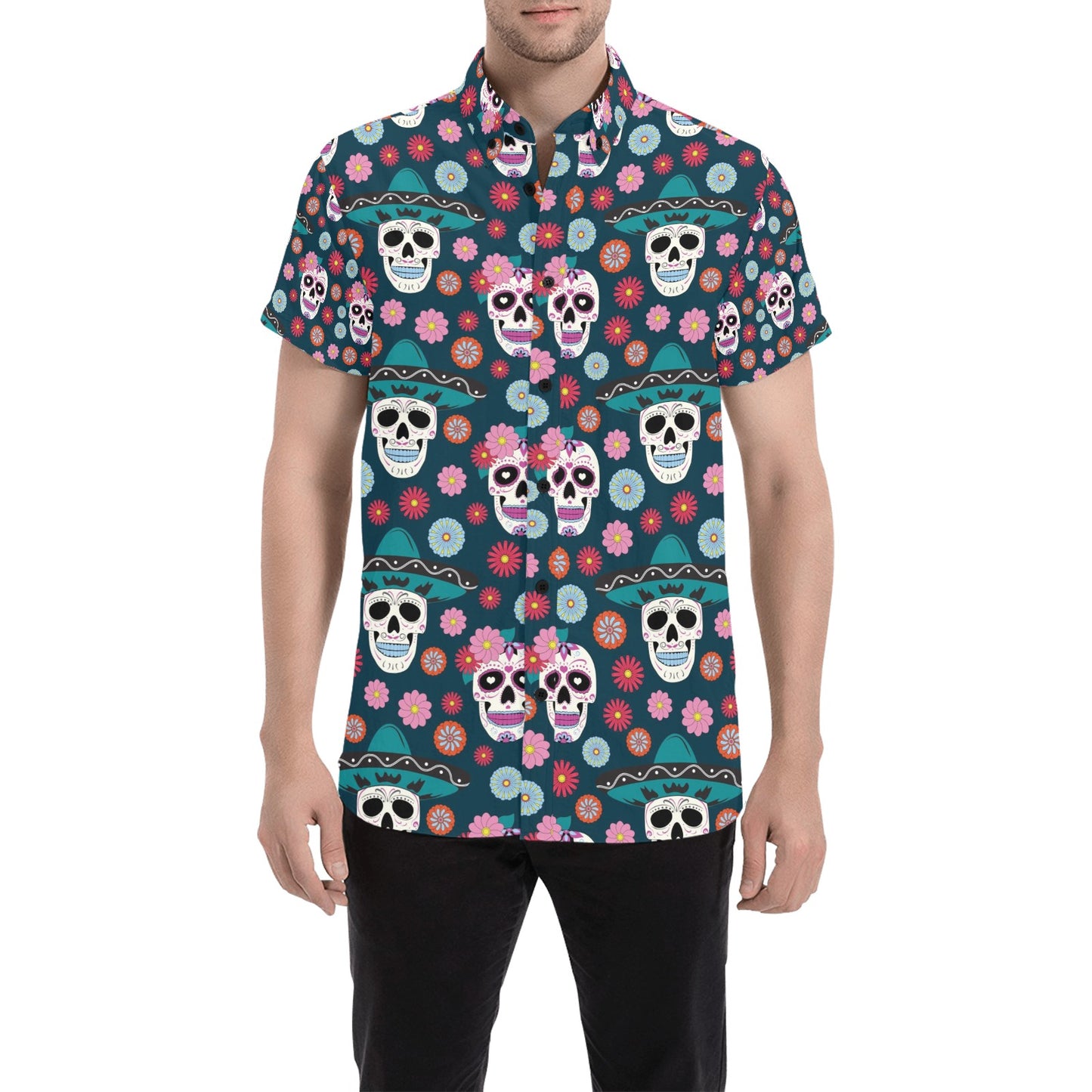 Sugar Skull Print Design LKS308 Men Short Sleeve Button Up Shirt