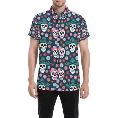 Sugar Skull Print Design LKS308 Men Short Sleeve Button Up Shirt