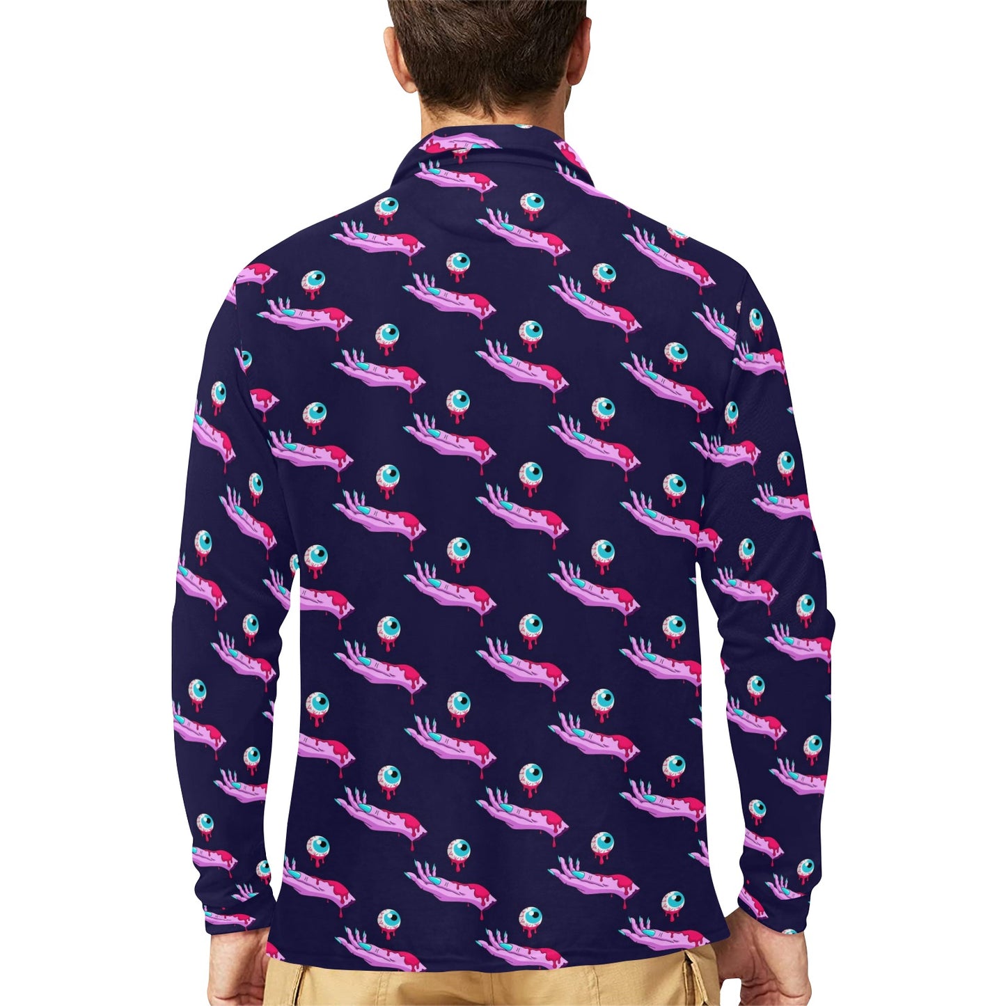 Zombie Pink Hand Design Pattern Print Long Sleeve Polo Shirt For Men's