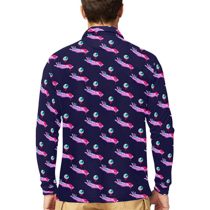 Zombie Pink Hand Design Pattern Print Long Sleeve Polo Shirt For Men's