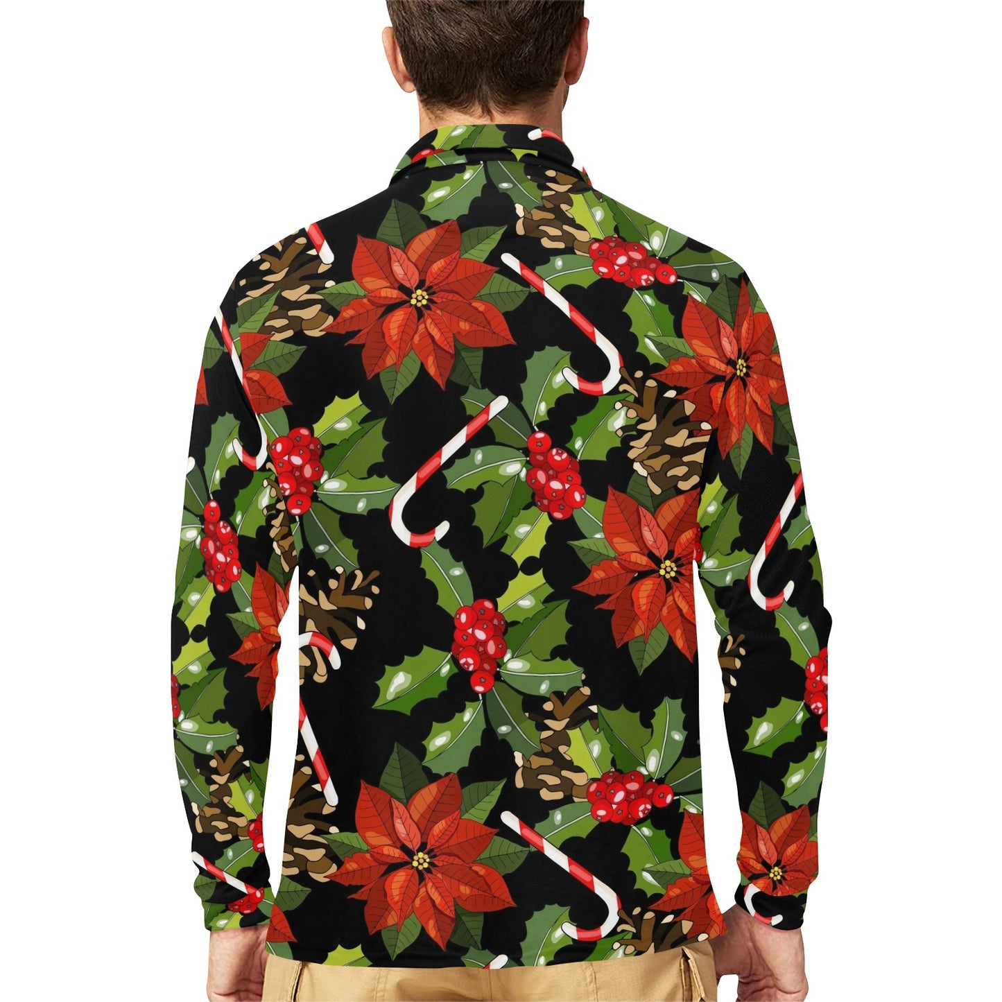 Poinsettia Pattern Print Design POT01 Long Sleeve Polo Shirt For Men's