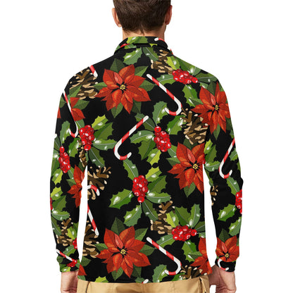 Poinsettia Pattern Print Design POT01 Long Sleeve Polo Shirt For Men's