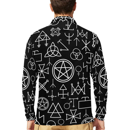 Pentagram Pattern Print Design A02 Long Sleeve Polo Shirt For Men's
