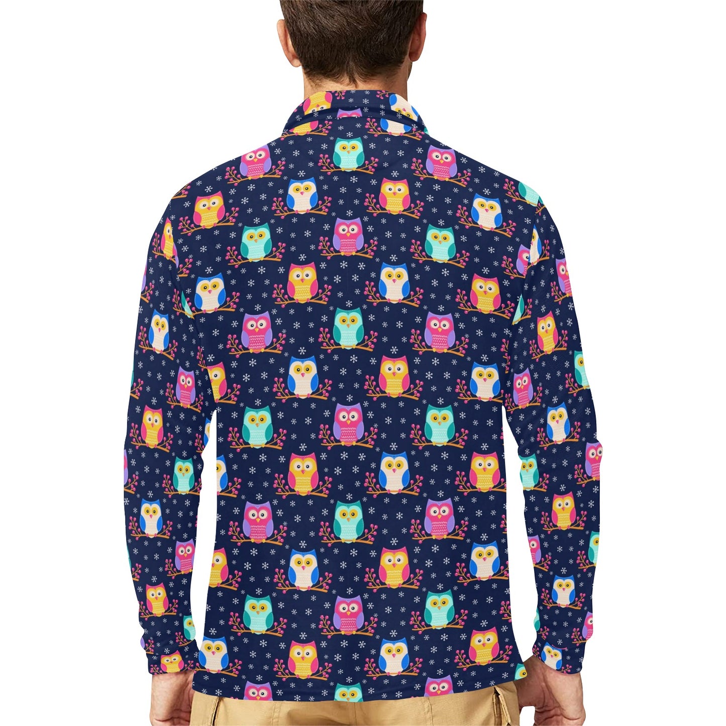 Owl Cute Themed Design Print Long Sleeve Polo Shirt For Men's
