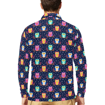 Owl Cute Themed Design Print Long Sleeve Polo Shirt For Men's