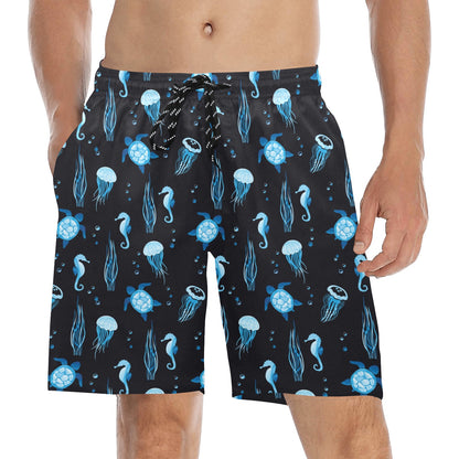 Sea Turtle Jelly Fish Sea Horse Print Design LKS3014 Men's Swim Trunks Beach Shorts