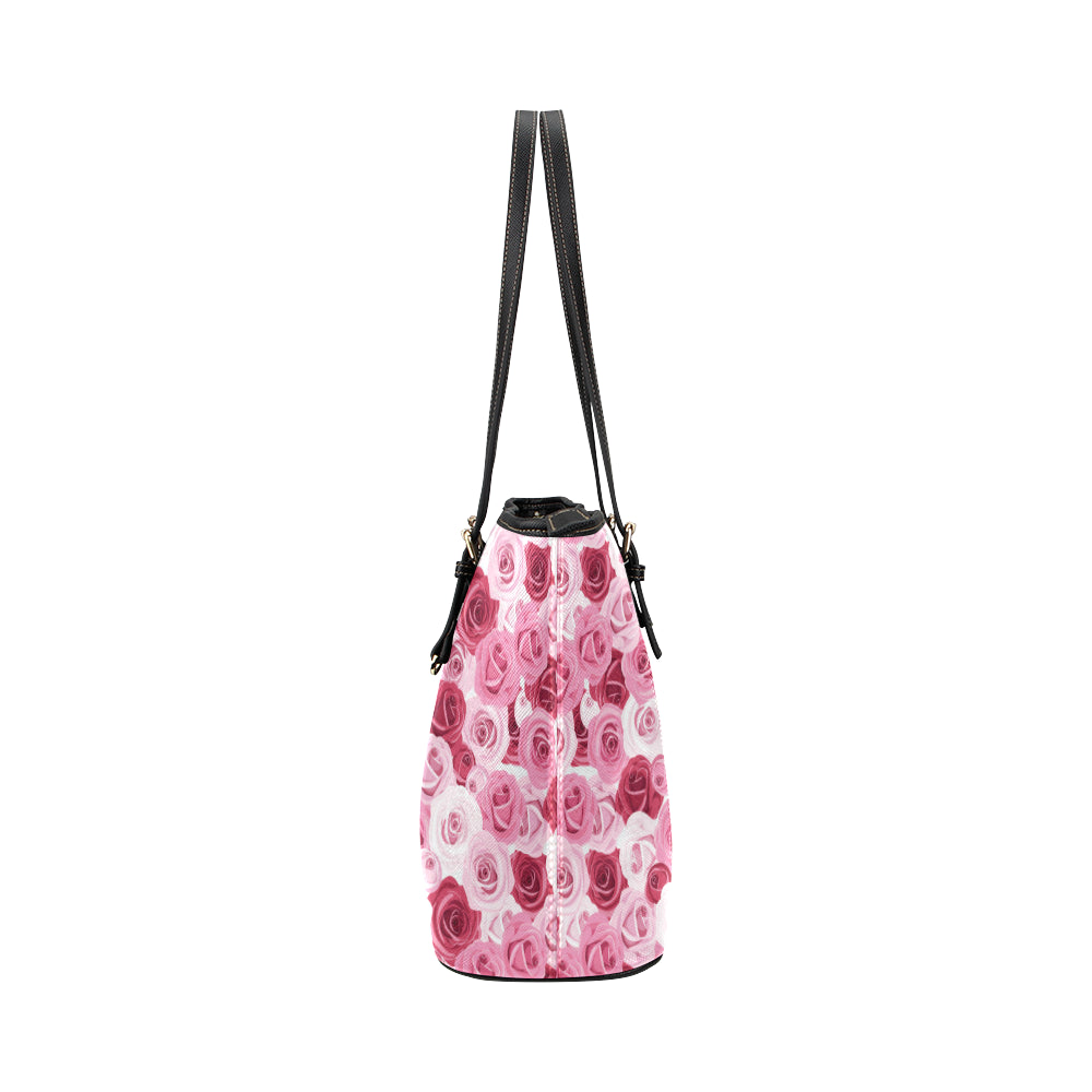 Pink Red Rose Pattern Print Leather Tote Bag