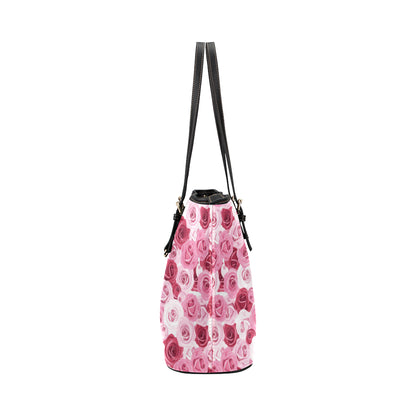 Pink Red Rose Pattern Print Leather Tote Bag
