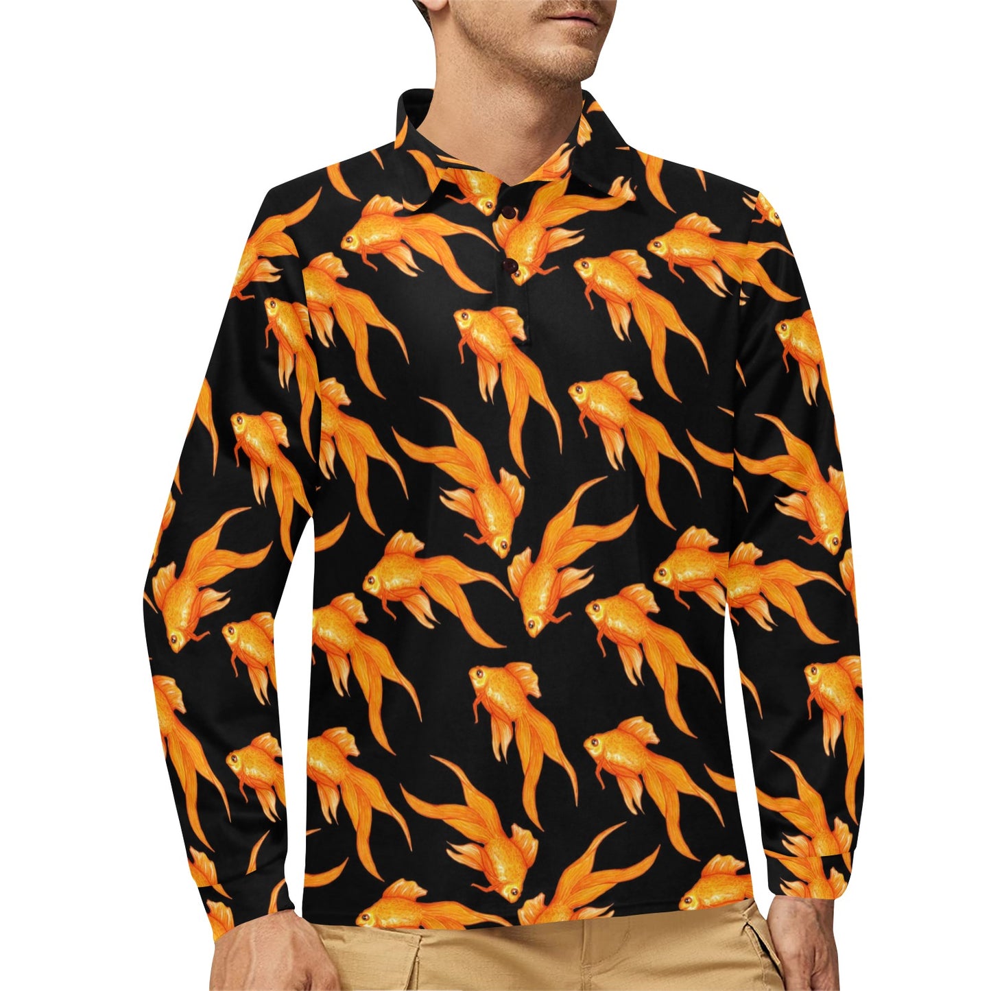 Goldfish Pattern Print Design 03 Long Sleeve Polo Shirt For Men's