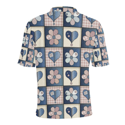 Patchwork Heart Flower Pattern Print Design 01 Men Polo Shirt