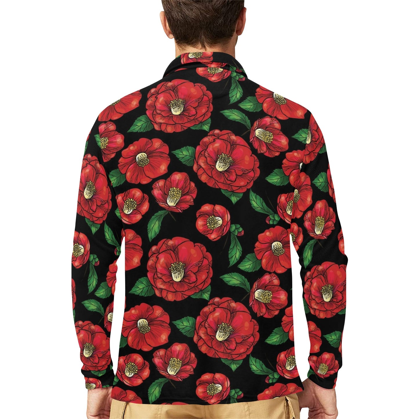 Camellia Pattern Print Design CM07 Long Sleeve Polo Shirt For Men's